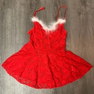 Avidlove Red Lace Babydoll Chemise Feather Trim Lingerie Valentine 1pc Large NWT